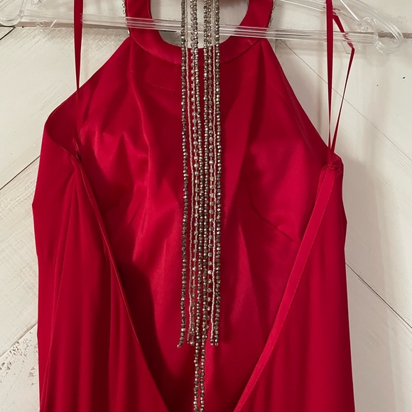 Mac Duggal Beaded Halter Neck Sleeveless Thigh High Slit Open Back Detail Gown - Picture 7 of 9